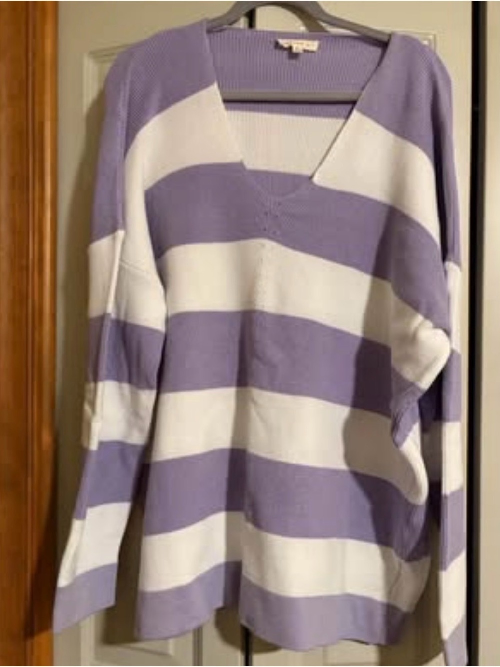Light Purple and White Striped V-Neck Sweater - Women